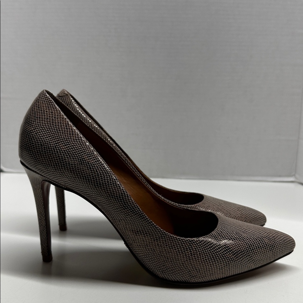 Schutz High Heel Shoes Pointed Toe Leather Faux Snake Skin Brown Tan Size 9.5